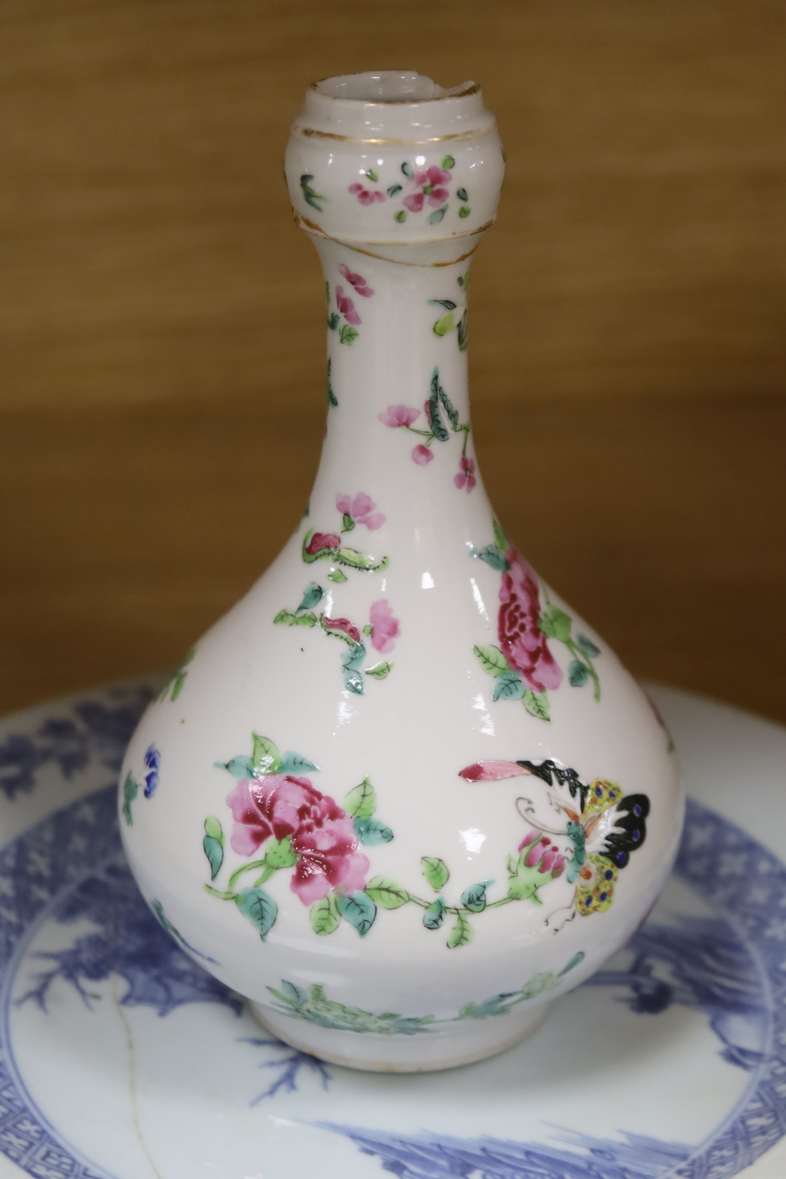 Two Chinese blue and white dishes, a famille rose vase and two Cantonese dishes, largest 23cm